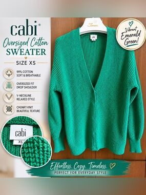 CAbi Emerald Green Oversized V-Neck  Button up Cotton Sweater XS